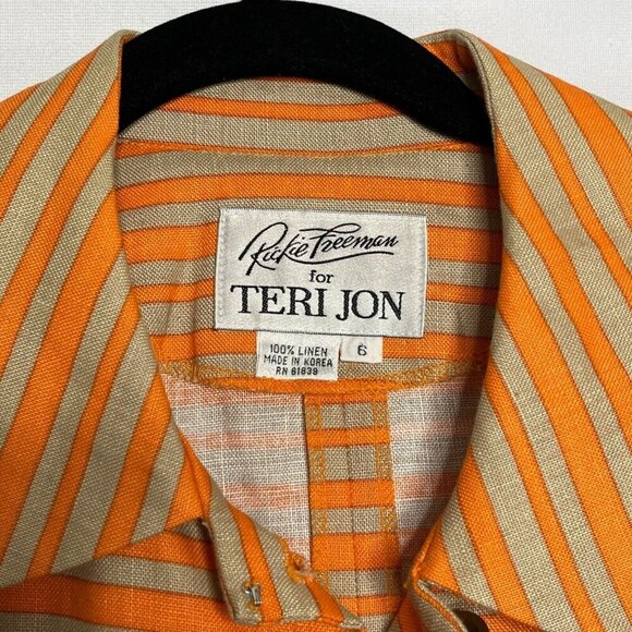 Rickie Freeman for Teri Jon Linen Short Sleeve Blazer‎ Orange Brown Striped 6 - Picture 2 of 10
